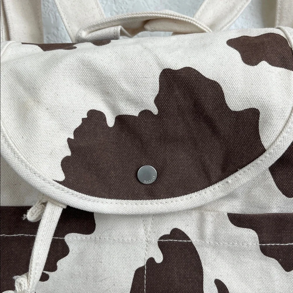 BAGGU Canvas Cow Print Backpack in Cream and Brown